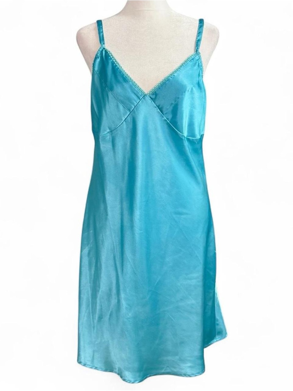 Vintage Chanteuse Aqua Blue Satin Slip Dress Size Small Lingerie Nightgown